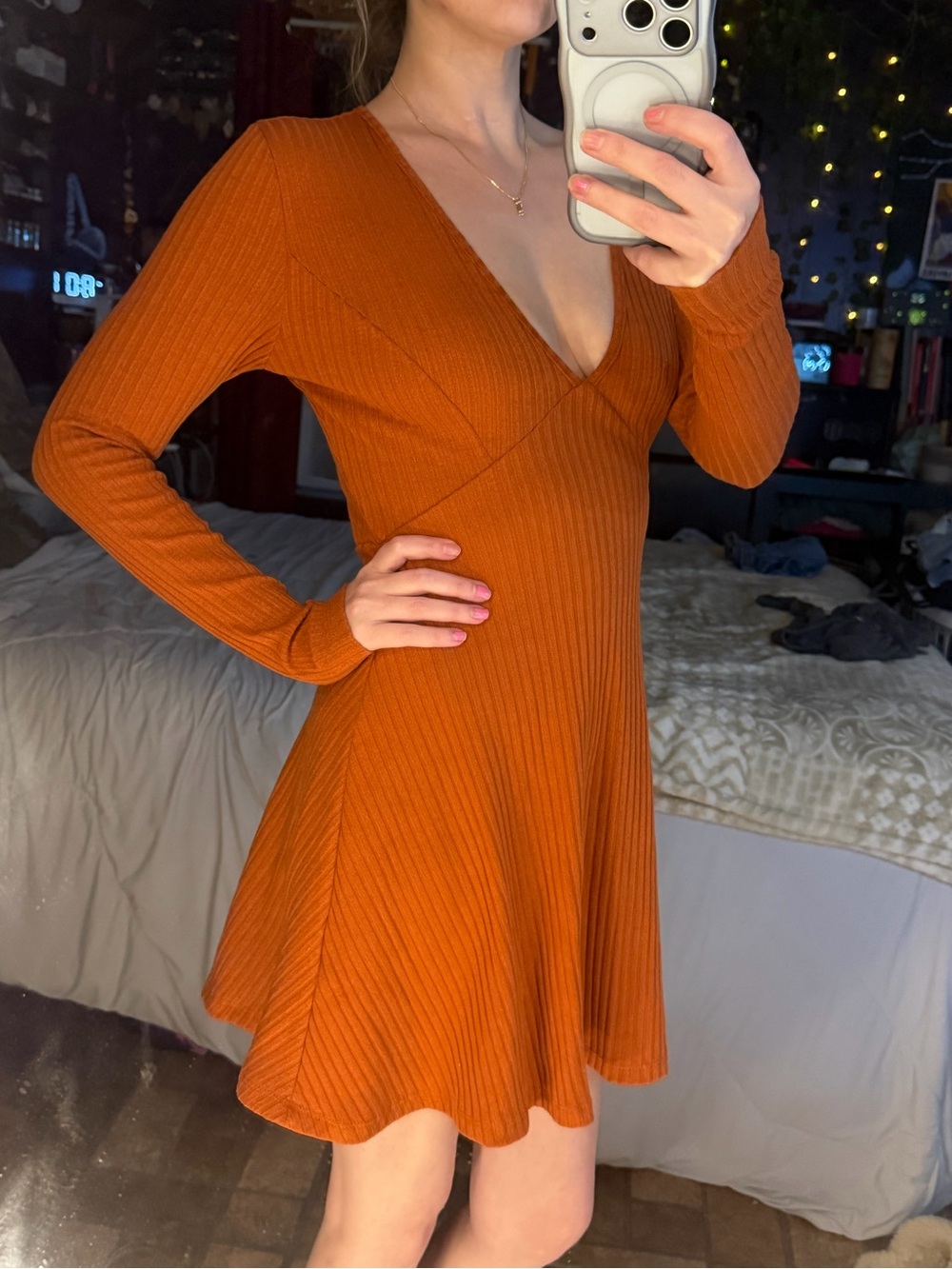 SHEIN Ribbed V-Neck Long Sleeve Fit-and-Flare Dress in Burnt Orange